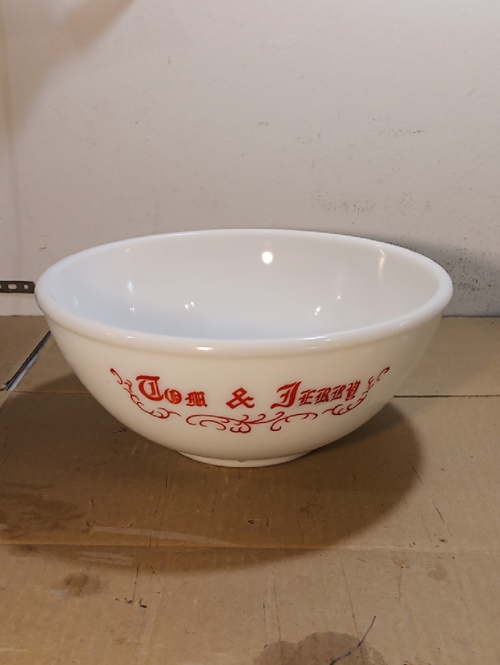 Antique "TOM & JERRY" McKee Milk Glass Mixing Punch Bowl 13".
